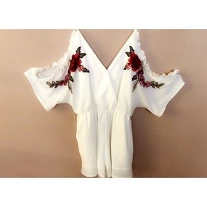 Floral Patch Cold Shoulder Ruffle Romper